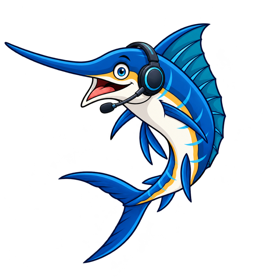 The Hooked Bridge mascot: a blue marlin wearing a headset with a boom microphone